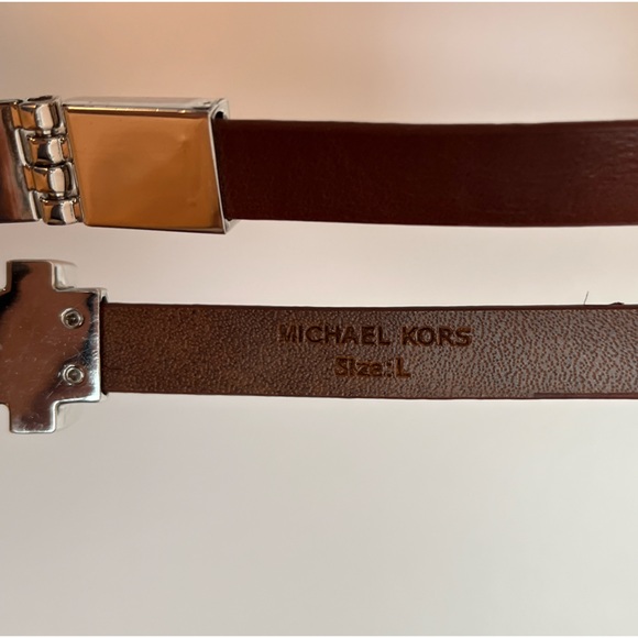 Women’s Michael Kors Skinny Brown Leather With Silver Metal Buckle Waist Belt - Picture 2 of 8